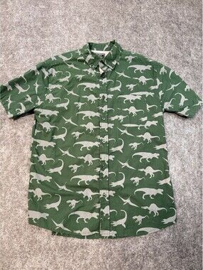 Creative Destruction Dinosaur Print Button Up Shirt Mens S Green Short Sleeve